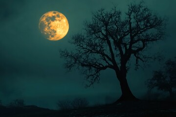 Fototapeta premium Spooky Forest Tree Silhouette Against Full Moon