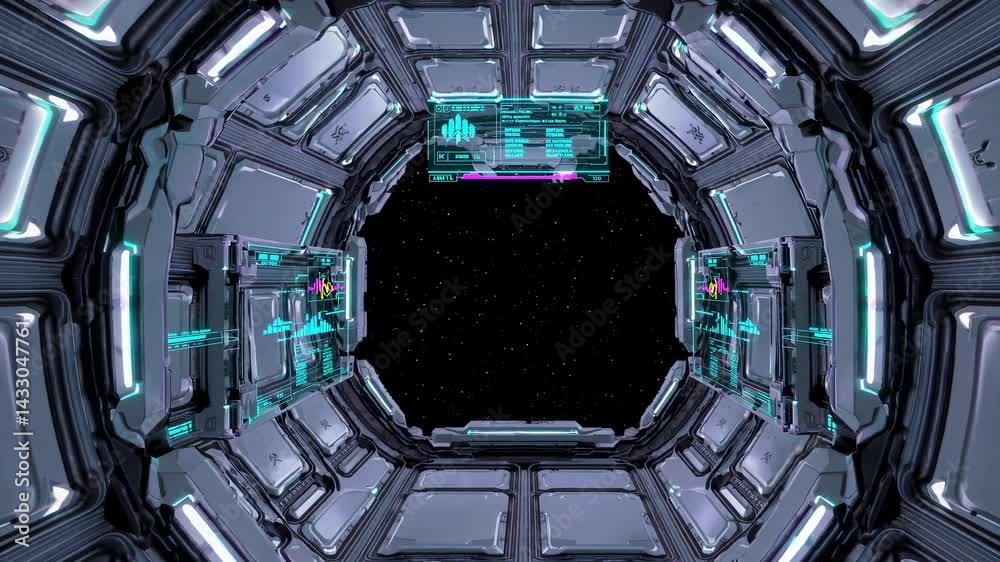 Fototapete exploring a futuristic spaceship corridor with neon lights and a starry view outside