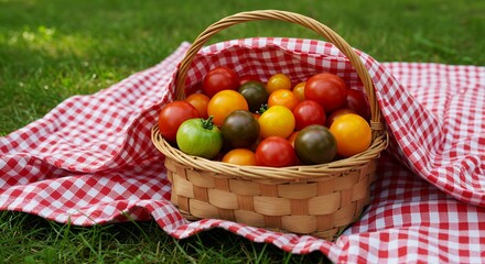 Fresh colorful tomatoes in picnic basket