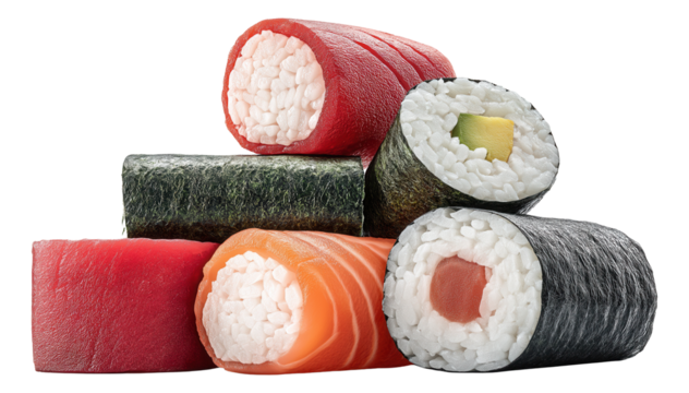 Assorted sushi rolls with a variety of fillings including fish, avocado, and seaweed.