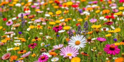 Obraz premium Vibrant spring meadow bursting with diverse wildflowers in full bloom, environment, stems