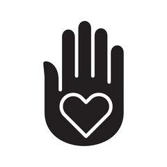 Palm hand with heart love symbol on it icon. Donation and charity icon. Symbol of fundraising, compassion, philanthropy, giving, care, humanity. Vector illustration.