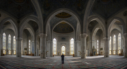 Obraz premium Solitary Figure in the Vast, Sunlit Interior of a Gothic Revival Cathedral