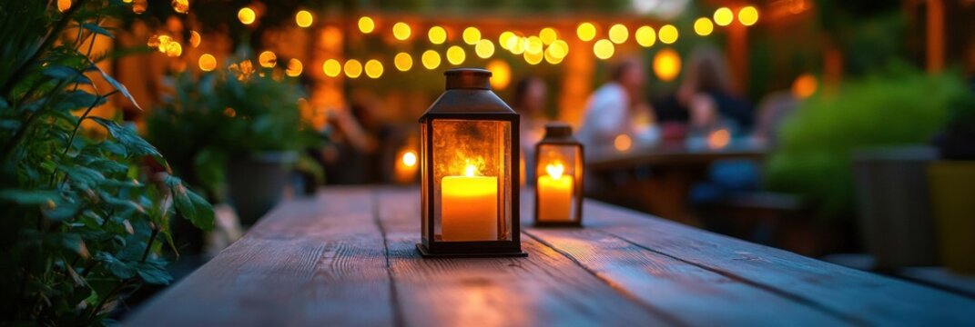 Cozy garden terrace with furniture, lanterns, and blurred figures on a warm summer evening