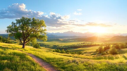 Obraz premium Scenic Summer Landscape with Lone Oak Tree at Sunset