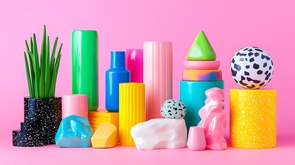 Colorful Abstract Geometric Sculptures on Pink Background