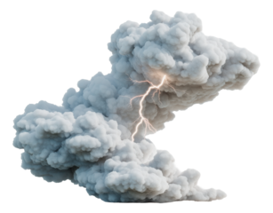 Dramatic lightning bolt striking through billowing gray clouds.