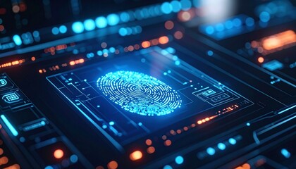 Obraz premium Futuristic fingerprint scanner with glowing digital interface
