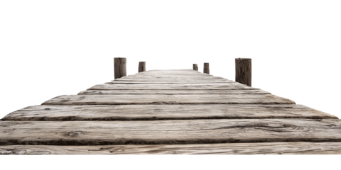 A weathered wooden pier with rustic texture, isolated on a transparent or white background.