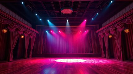 Illuminated Empty Stage with Red Curtains and Wooden Floor