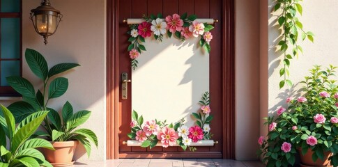 Fototapeta premium Hanging floral banner on door frame , door, decoration, banner