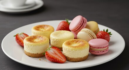 Mini cheesecakes and macarons dessert arrangement