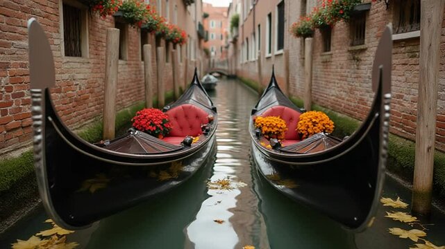 Serene Venetian Canal with Gondolas Surrounded by Floral Beauty