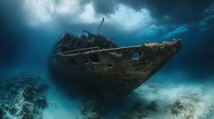 Fototapeta premium Underwater shipwreck, ocean floor, coral reef, cloudy sky, exploration