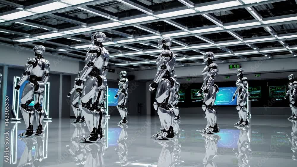 Poster robots performing synchronized movements in a high-tech facility with digital displays and a minimal