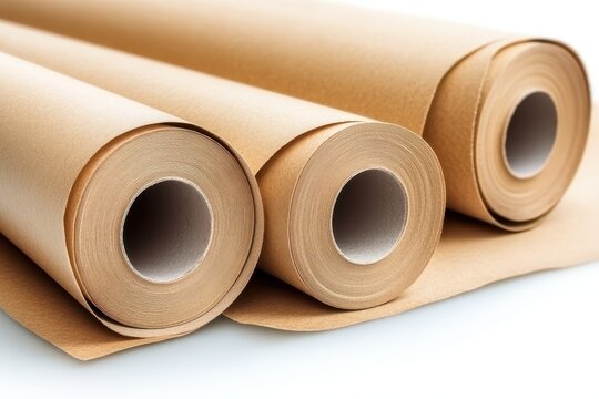 Brown paper rolls stacked.  Three rolls of kraft paper, neatly arranged on a white background. The paper appears smooth and consistent in texture.  The rolls have central cardboard cores - Powered by Adobe