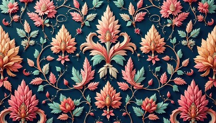 Obraz premium Intricate floral damask, elegant scrolls and leaves , damask fabric, floral pattern