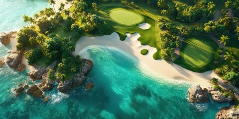 Tropical island golf course nestled by turquoise ocean.