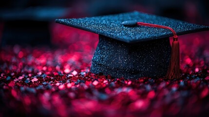 Sparkling Graduation Cap on Red Glitter: A Symbol of Achievement and Success