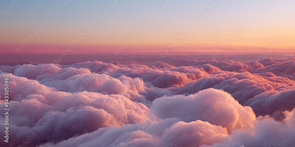 Poster aerial view of fluffy clouds illuminated by sunset, creating a soft pink and orange glow, showcasing