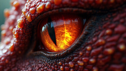 Obraz premium a close-up of a dragon's eye, glowing with fiery intensity, reflecting the vast, dark skies and a distant castle in its depths, with scales that shimmer in shades of deep ruby and gold, capturing the 