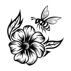 Black and White Flower with Bee Flying, Elegant Line Art on Isolated Background
