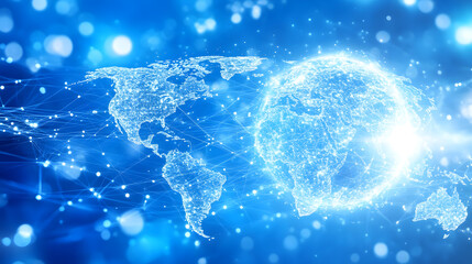 Obraz premium Digital World Map Highlighting Global Connections and Network Infrastructure international connectivity and advanced data exchange.
