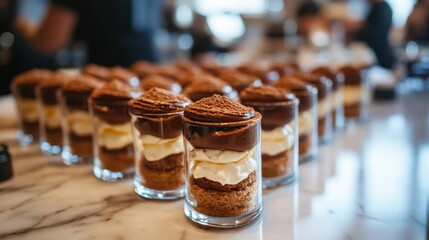 Three jars of tiramisu are displayed on a marble surface, surrounded by scattered coffee beans and cocoa powder. 