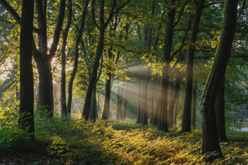 Naklejka premium Serene Morning Light Streaming Through Lush Green Forest with Enchanting Sunbeams