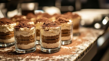 Three jars of tiramisu are displayed on a marble surface, surrounded by scattered coffee beans and cocoa powder. 