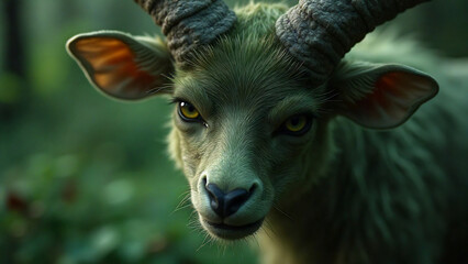 a close-up of a satyr’s eyes, wild and full of energy, his horns curving elegantly, with a soft green glow emanating from his body