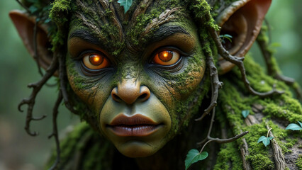 a close-up of a tree elemental’s face, carved from bark and moss, its eyes glowing softly like forest fireflies, with tendrils of vines and leaves entwining around its shoulders

