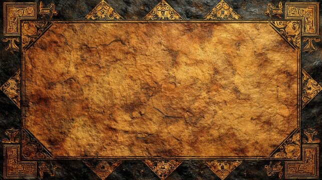 Dark fantasy background in gothic art style with aged parchment texture, black and gold color theme, and intricate vintage border like pages from an ancient book