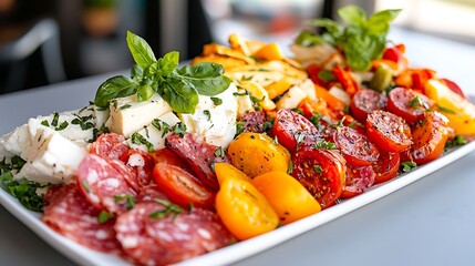 Colorful Antipasto Platter with Cheeses, Salami, and Tomatoes