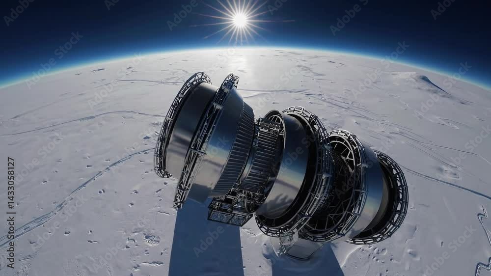 Poster stunning view of advanced spacecraft orbiting earth captured from high altitude above polar ice