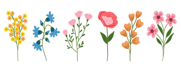 Floral set. Vector flat minimalistic illustration of flowers and leaves in flat style. Retro vintage style, hand drawn decorative elements. 60s, 70s, flower icon, pastel colors, childish cute decor.