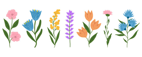 Floral set. Vector flat minimalistic illustration of flowers and leaves in flat style. Retro vintage style, hand drawn decorative elements. 60s, 70s, flower icon, pastel colors, childish cute decor.