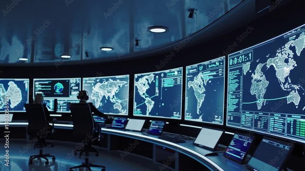 Poster advanced monitoring center showcases global data analysis and technology in action during a late nig