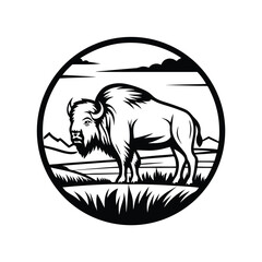 Obraz premium Bison Silhouette In Oval, Monochrome Wild Animal, Wildlife, Nature, Mountain Icon