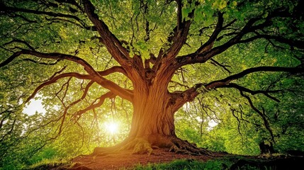 Obraz premium Majestic ancient tree bathed in golden sunlight.