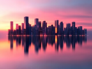 City skyline reflecting in water at dusk
