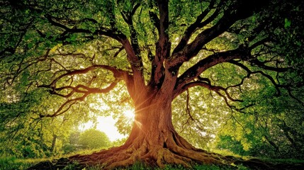 Obraz premium Majestic ancient tree bathed in golden sunlight.