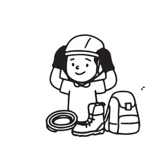 Hand Drawn Kids Rock Climbing  Hiking Icon Set.  Black and White Line Art