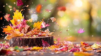 Colorful Autumn Leaves on Wooden Surface with Bokeh Background