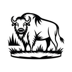 American Bison Silhouette on Grass, Isolated, Minimalist Black and White, Wildlife Icon