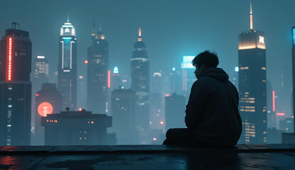 Moody Rooftop View of Futuristic Neon City
