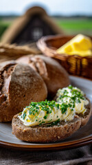 Close-up of fresh rye bread slices topped with creamy butter and chopped herbs on a rustic plate with a basket of more bread and cheese in the background