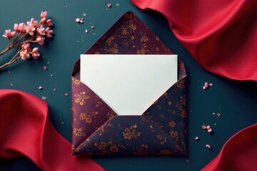 Elegant invitation set with folded envelope on a luxurious background, flat lay, elegant event invitation, folded envelope