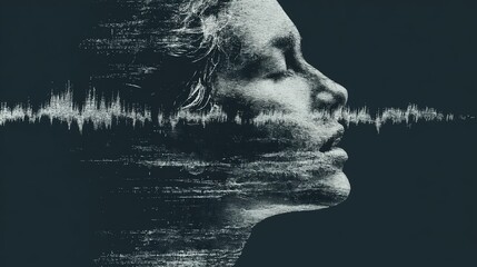 Woman looking at ethereal version of herself made from abstract sound waves, conceptual scene exploring identity, self-reflection, and human connection to audio frequencies