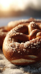 richly textured close-up of a german pretzel highlighting the golden brown crust and coarse salt sprinkled on top, set against a softly blurred warm background